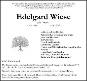 Traueranzeige von Edelgard Wiese von Kieler Nachrichten