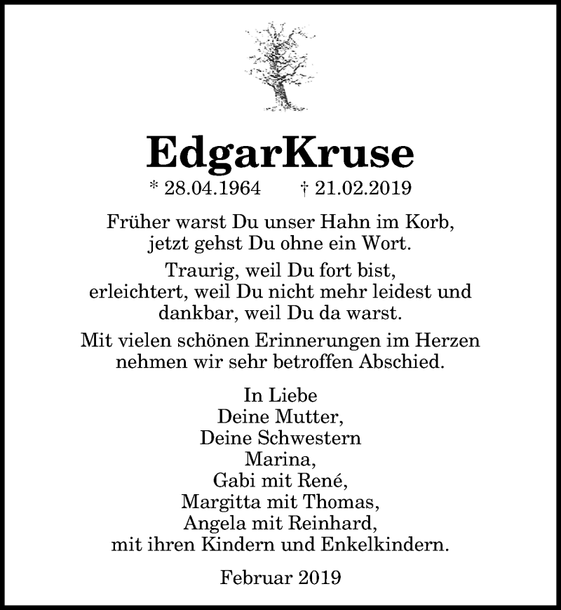  Traueranzeige für Edgar Kruse vom 02.03.2019 aus Ostsee-Zeitung GmbH