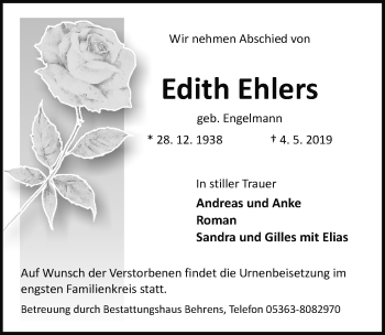 Traueranzeige von Edith Ehlers von Aller Zeitung