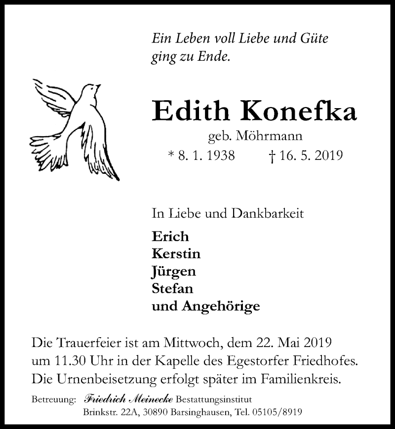  Traueranzeige für Edith Konefka vom 21.05.2019 aus Hannoversche Allgemeine Zeitung/Neue Presse