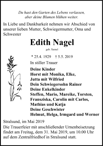 Traueranzeige von Edith Nagel von Ostsee-Zeitung GmbH
