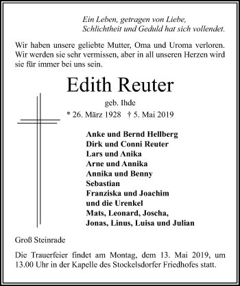 Traueranzeige von Edith Reuter von Lübecker Nachrichten