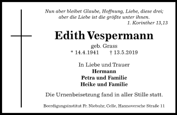 Traueranzeige von Edith Vespermann von Hannoversche Allgemeine Zeitung/Neue Presse