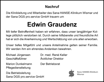 Traueranzeige von Edwin Graudenz von Ostsee-Zeitung GmbH