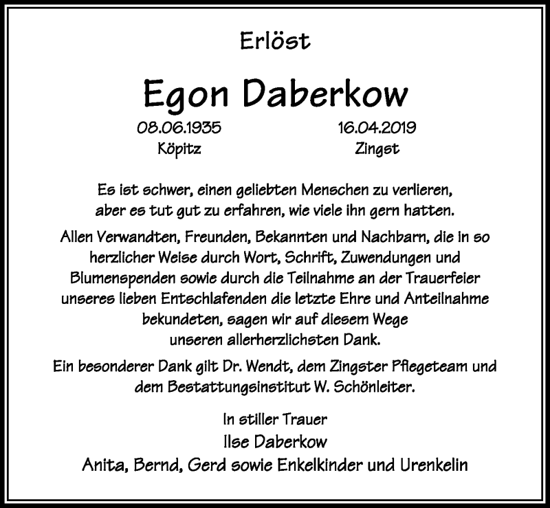  Traueranzeige für Egon Daberkow vom 04.05.2019 aus Ostsee-Zeitung GmbH
