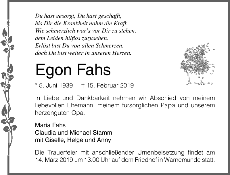  Traueranzeige für Egon Fahs vom 02.03.2019 aus Ostsee-Zeitung GmbH