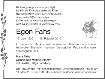 Traueranzeige von Egon Fahs von Ostsee-Zeitung GmbH