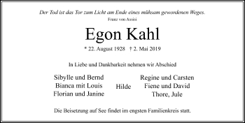 Traueranzeige von Egon Kahl von Lübecker Nachrichten