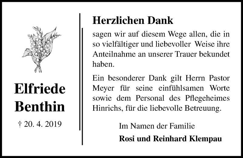  Traueranzeige für Elfriede Benthin vom 12.05.2019 aus Lübecker Nachrichten