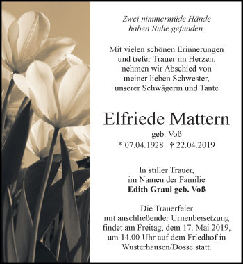 Traueranzeige von Elfriede Mattern von Märkischen Allgemeine Zeitung