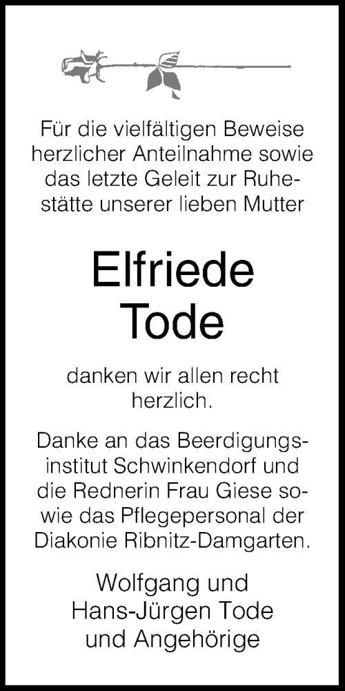  Traueranzeige für Elfriede Tode vom 25.05.2019 aus Ostsee-Zeitung GmbH