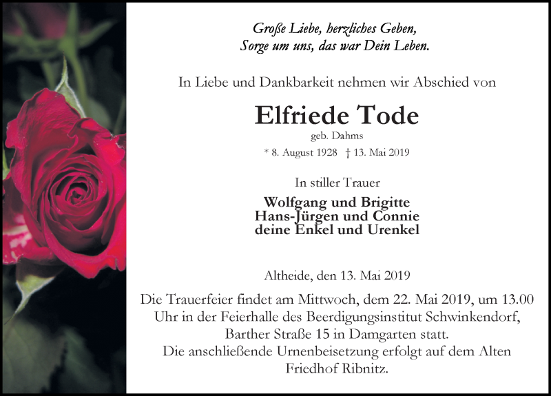  Traueranzeige für Elfriede Tode vom 18.05.2019 aus Ostsee-Zeitung GmbH