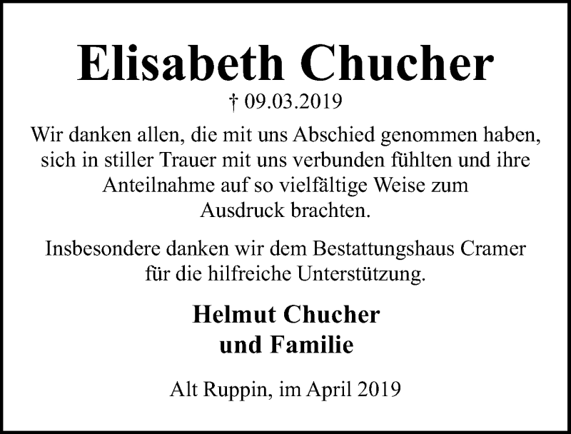  Traueranzeige für Elisabeth Chucher vom 27.04.2019 aus Märkischen Allgemeine Zeitung