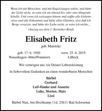 Traueranzeige von Elisabeth Fritz von Lübecker Nachrichten