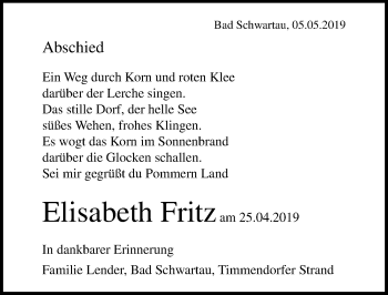 Traueranzeige von Elisabeth Fritz von Lübecker Nachrichten