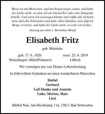 Traueranzeige von Elisabeth Fritz von Lübecker Nachrichten