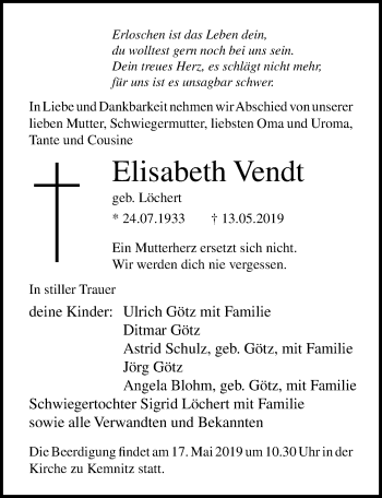 Traueranzeige von Elisabeth Vendt von Ostsee-Zeitung GmbH