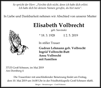 Traueranzeige von Elisabeth Volbrecht von Göttinger Tageblatt