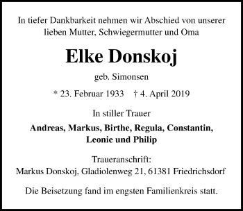 Traueranzeige von Elke Donskoj von Lübecker Nachrichten