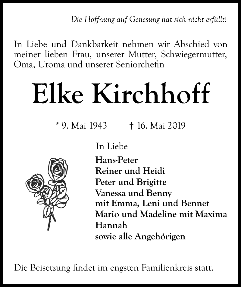  Traueranzeige für Elke Kirchhoff vom 25.05.2019 aus Kieler Nachrichten