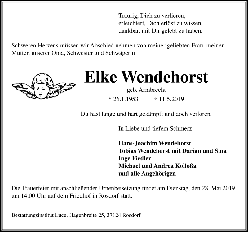 Traueranzeige für Elke Wendehorst vom 18.05.2019 aus Göttinger Tageblatt