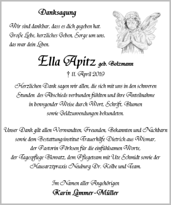 Traueranzeige von Ella Apitz von Ostsee-Zeitung GmbH