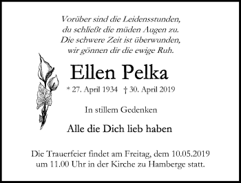Traueranzeige von Ellen Pelka von Lübecker Nachrichten