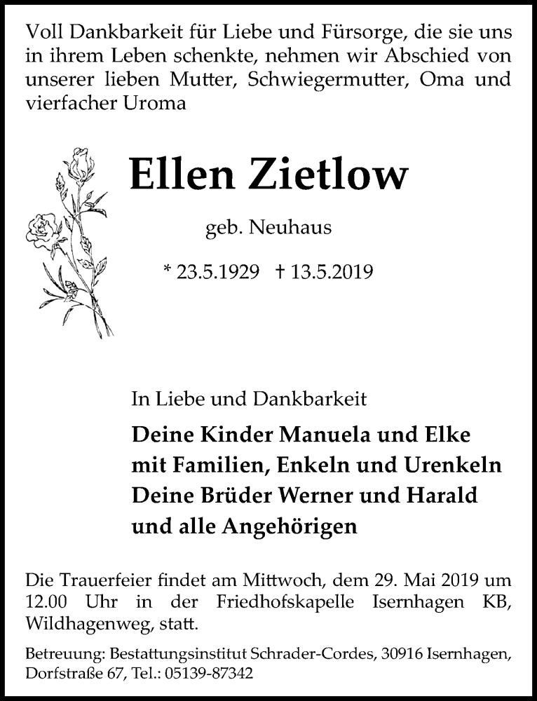  Traueranzeige für Ellen Zietlow vom 25.05.2019 aus Hannoversche Allgemeine Zeitung/Neue Presse