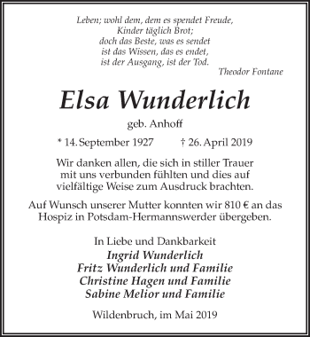 Traueranzeige von Elsa Wunderlich von Märkischen Allgemeine Zeitung