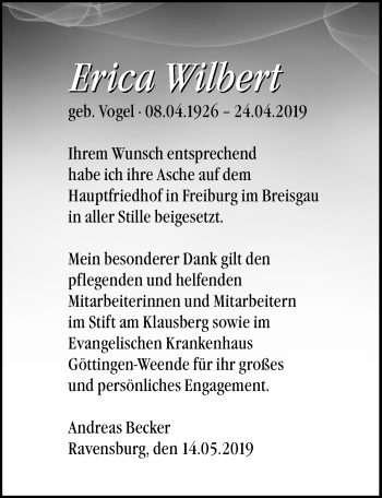 Traueranzeige von Erica Wilbert von Göttinger Tageblatt