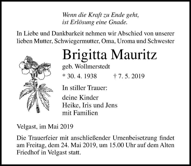  Traueranzeige für Erich Mauritz vom 11.05.2019 aus Ostsee-Zeitung GmbH