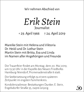 Traueranzeige von Erik Stein von Leipziger Volkszeitung