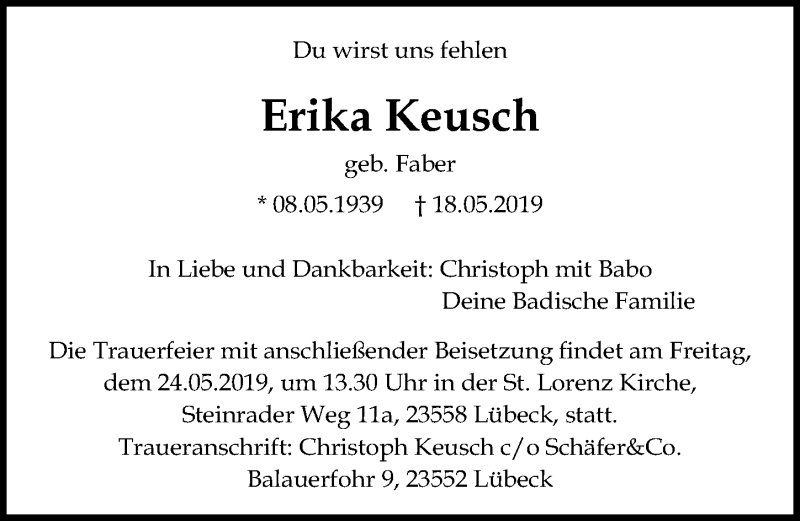  Traueranzeige für Erika Keusch vom 22.05.2019 aus Lübecker Nachrichten