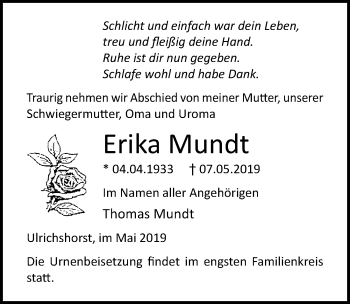 Traueranzeige von Erika Mundt von Ostsee-Zeitung GmbH