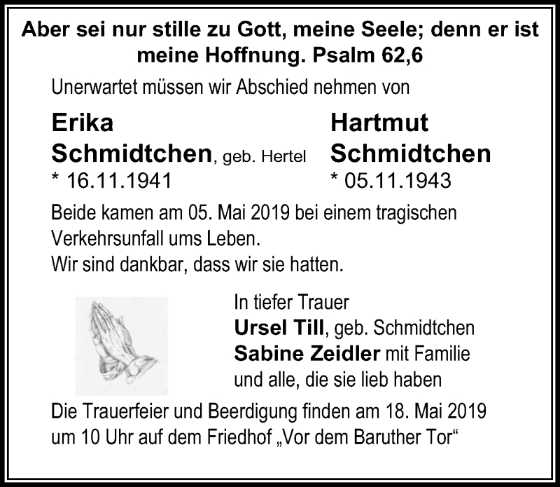  Traueranzeige für Erika Schmidtchen vom 15.05.2019 aus Märkischen Allgemeine Zeitung