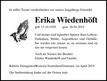 Traueranzeige von Erika Wiedenhöft von Ostsee-Zeitung GmbH