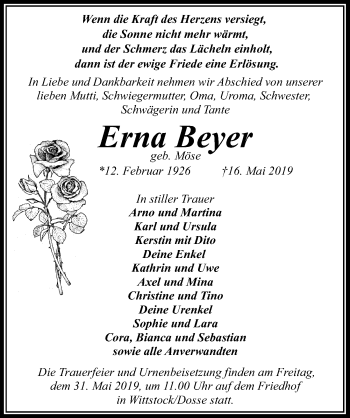 Traueranzeige von Erna Beyer von Märkischen Allgemeine Zeitung