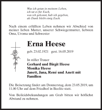 Traueranzeige von Erna Heese von Märkischen Allgemeine Zeitung