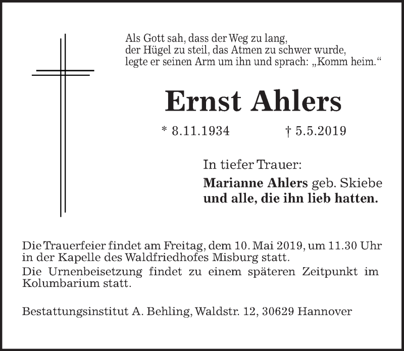  Traueranzeige für Ernst Ahlers vom 08.05.2019 aus Hannoversche Allgemeine Zeitung/Neue Presse
