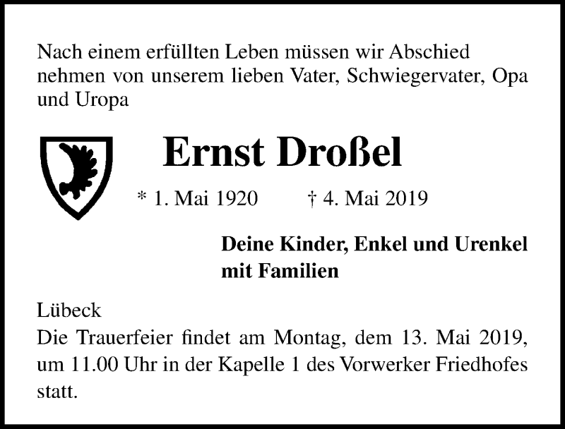  Traueranzeige für Ernst Droßel vom 08.05.2019 aus Lübecker Nachrichten