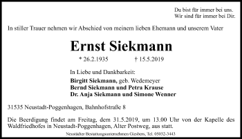 Traueranzeige von Ernst Siekmann von Hannoversche Allgemeine Zeitung/Neue Presse