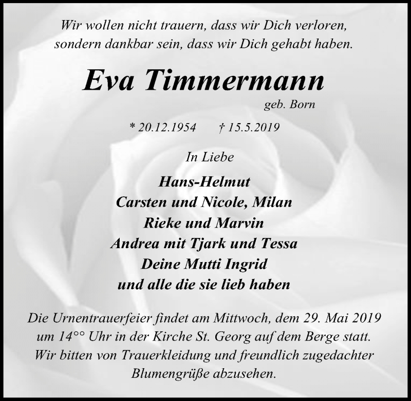  Traueranzeige für Eva Timmermann vom 22.05.2019 aus Lübecker Nachrichten