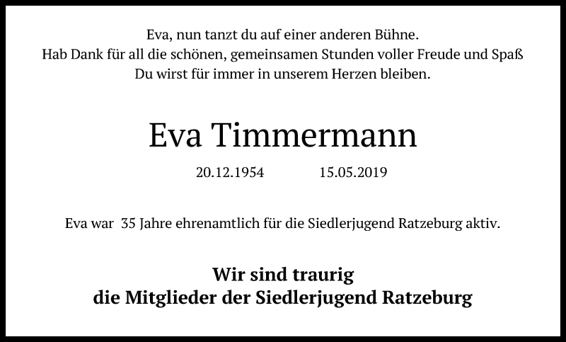  Traueranzeige für Eva Timmermann vom 22.05.2019 aus Lübecker Nachrichten