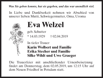 Traueranzeige von Eva Welzel von Märkischen Allgemeine Zeitung