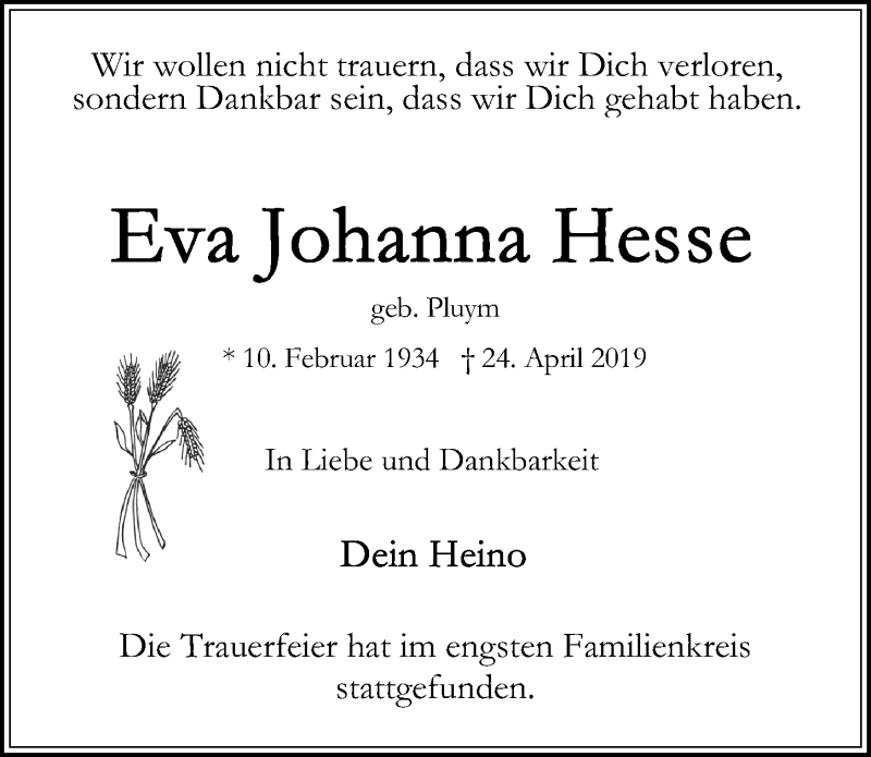  Traueranzeige für Eva Johanna Hesse vom 05.05.2019 aus Lübecker Nachrichten