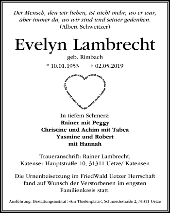 Traueranzeige von Evelyn Lambrecht von Hannoversche Allgemeine Zeitung/Neue Presse