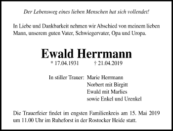 Traueranzeige von Ewald Herrmann von Ostsee-Zeitung GmbH