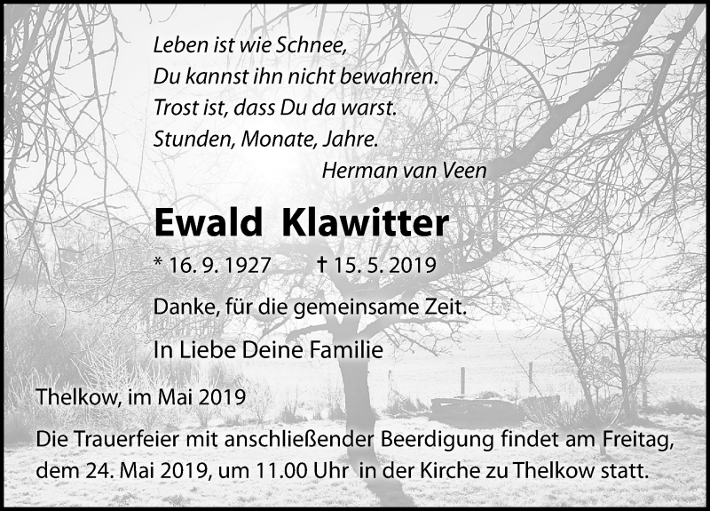  Traueranzeige für Ewald Klawitter vom 22.05.2019 aus Ostsee-Zeitung GmbH