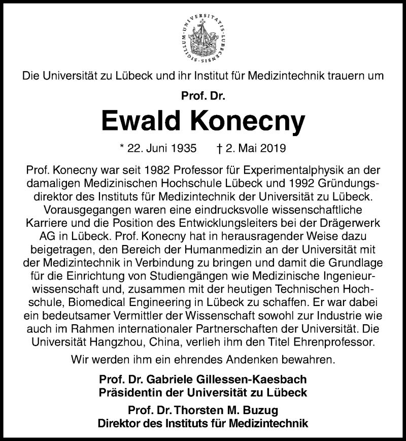  Traueranzeige für Ewald Konecny vom 12.05.2019 aus Lübecker Nachrichten