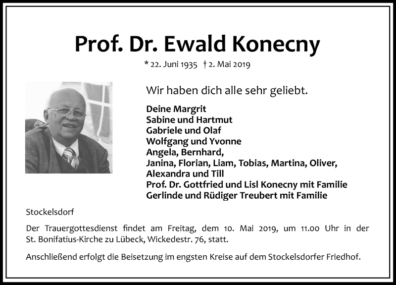  Traueranzeige für Ewald Konecny vom 05.05.2019 aus Lübecker Nachrichten
